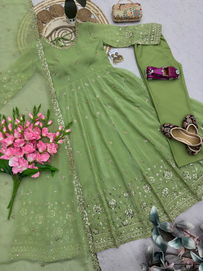 Pista Green Heavy Crunchy Silk Embroidery Sequins Work Designer Anarkali Gown Pant with Dupatta