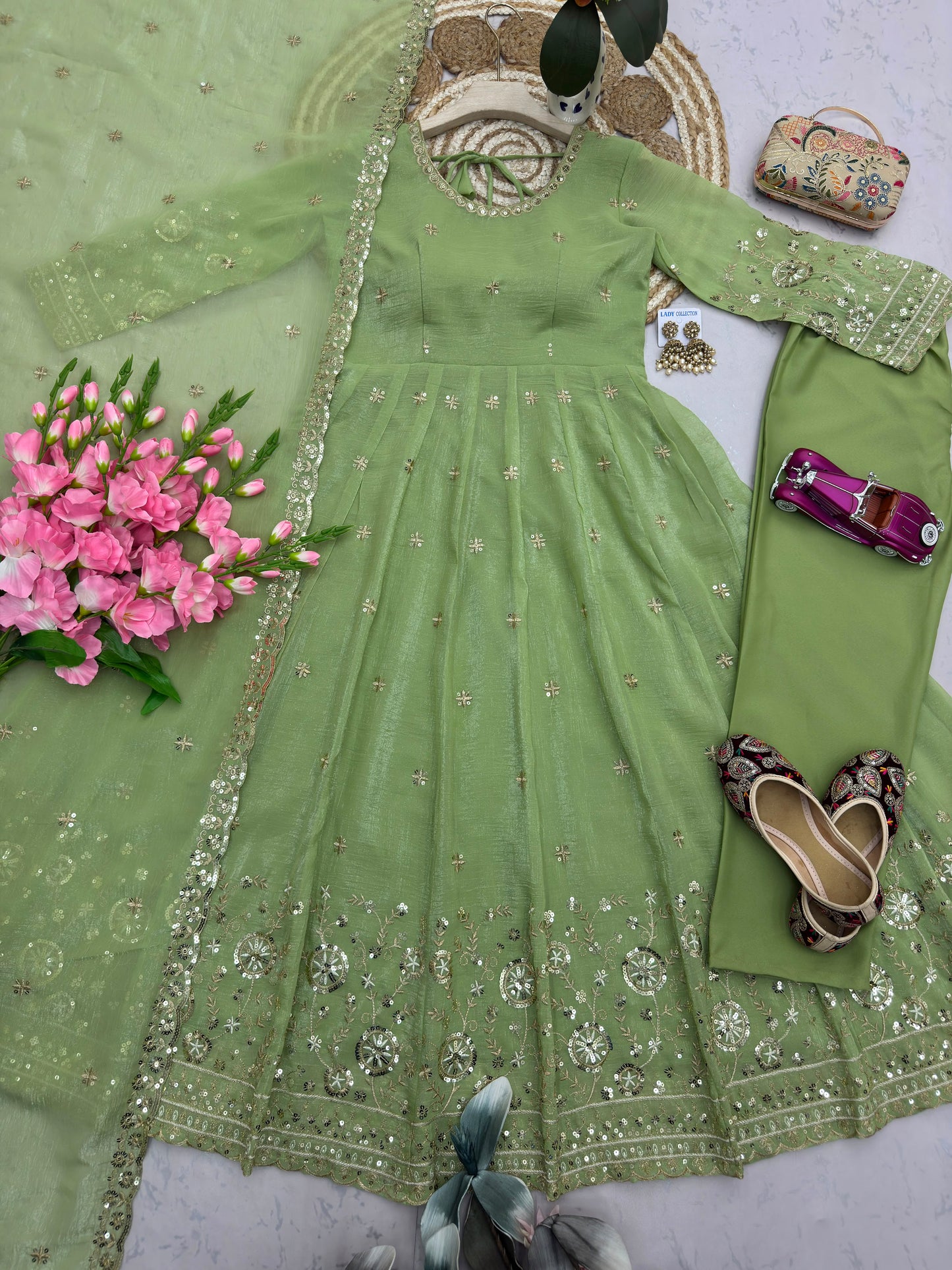 Pista Green Heavy Crunchy Silk Embroidery Sequins Work Designer Anarkali Gown Pant with Dupatta