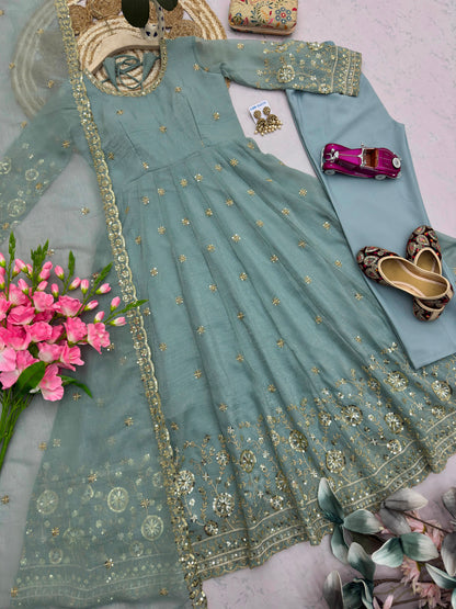 Sea Green Heavy Crunchy Silk Embroidery Sequins Work Designer Anarkali Gown Pant with Dupatta