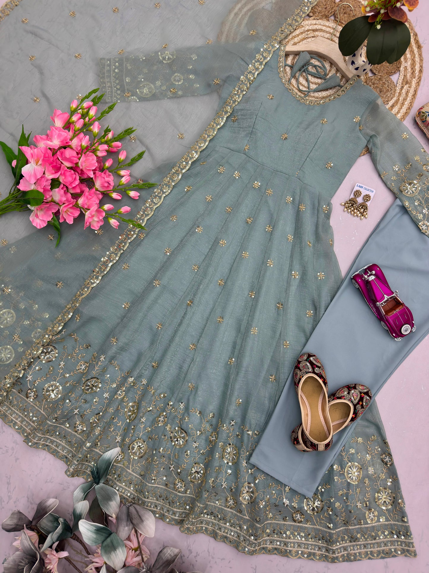 Sea Green Heavy Crunchy Silk Embroidery Sequins Work Designer Anarkali Gown Pant with Dupatta