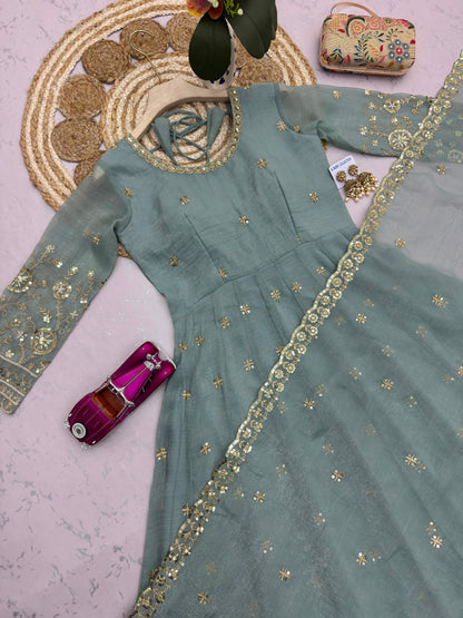 Sea Green Heavy Crunchy Silk Embroidery Sequins Work Designer Anarkali Gown Pant with Dupatta
