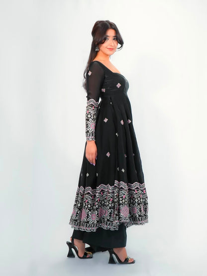 Black color Fandy Silk Embroidery Sequins Work Designer Anarkali Gown Pant with Dupatta