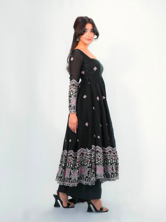 Black color Fandy Silk Embroidery Sequins Work Designer Anarkali Gown Pant with Dupatta