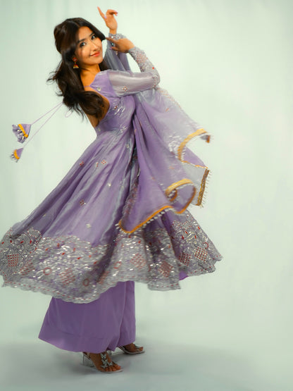 Lavender color Fandy Silk Embroidery Sequins Work Designer Anarkali Gown Pant with Dupatta