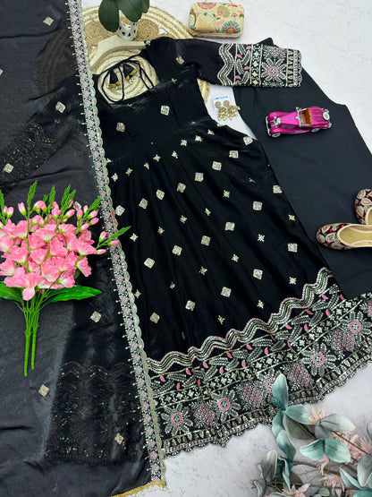 Black color Fandy Silk Embroidery Sequins Work Designer Anarkali Gown Pant with Dupatta