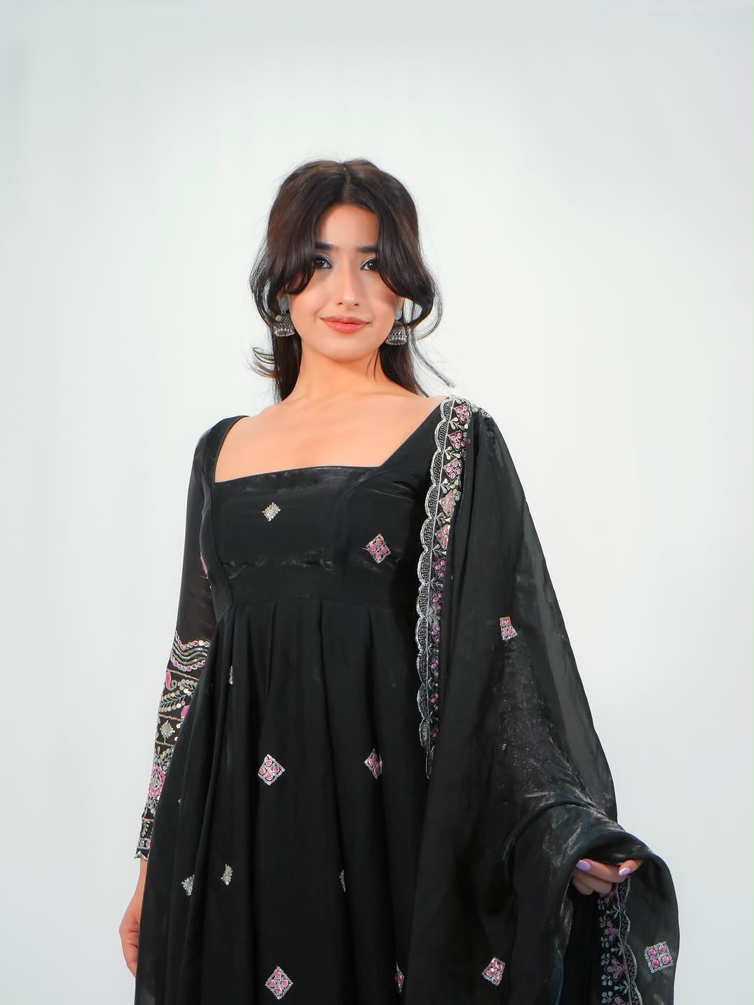 Black color Fandy Silk Embroidery Sequins Work Designer Anarkali Gown Pant with Dupatta