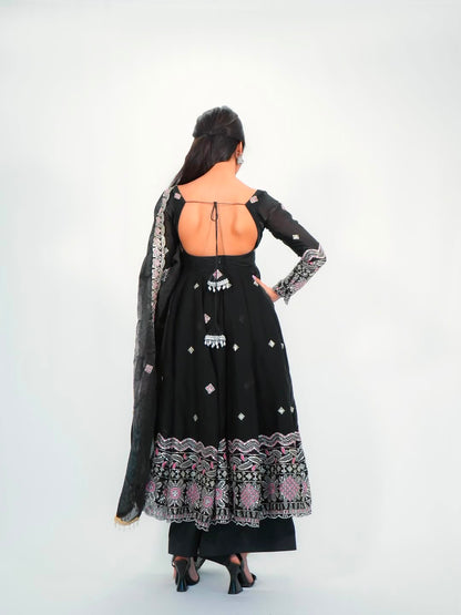 Black color Fandy Silk Embroidery Sequins Work Designer Anarkali Gown Pant with Dupatta