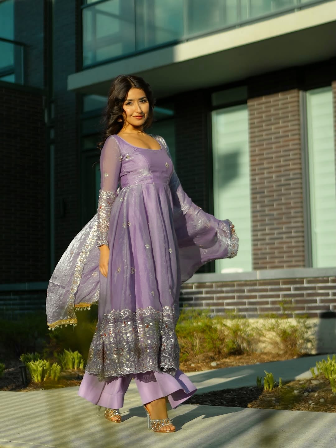 Lavender color Fandy Silk Embroidery Sequins Work Designer Anarkali Gown Pant with Dupatta