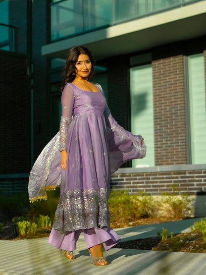 Lavender color Fandy Silk Embroidery Sequins Work Designer Anarkali Gown Pant with Dupatta