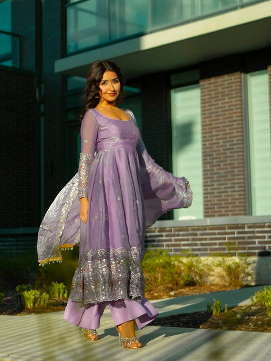 Lavender color Fandy Silk Embroidery Sequins Work Designer Anarkali Gown Pant with Dupatta