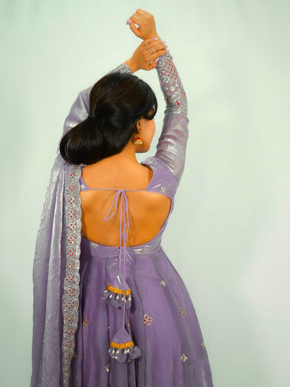 Lavender color Fandy Silk Embroidery Sequins Work Designer Anarkali Gown Pant with Dupatta