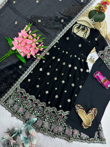 Black color Fandy Silk Embroidery Sequins Work Designer Anarkali Gown Pant with Dupatta