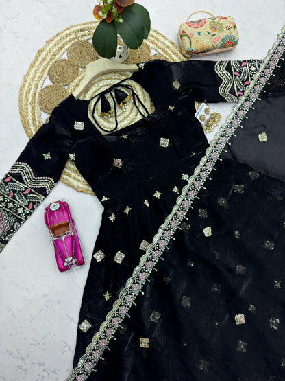 Black color Fandy Silk Embroidery Sequins Work Designer Anarkali Gown Pant with Dupatta