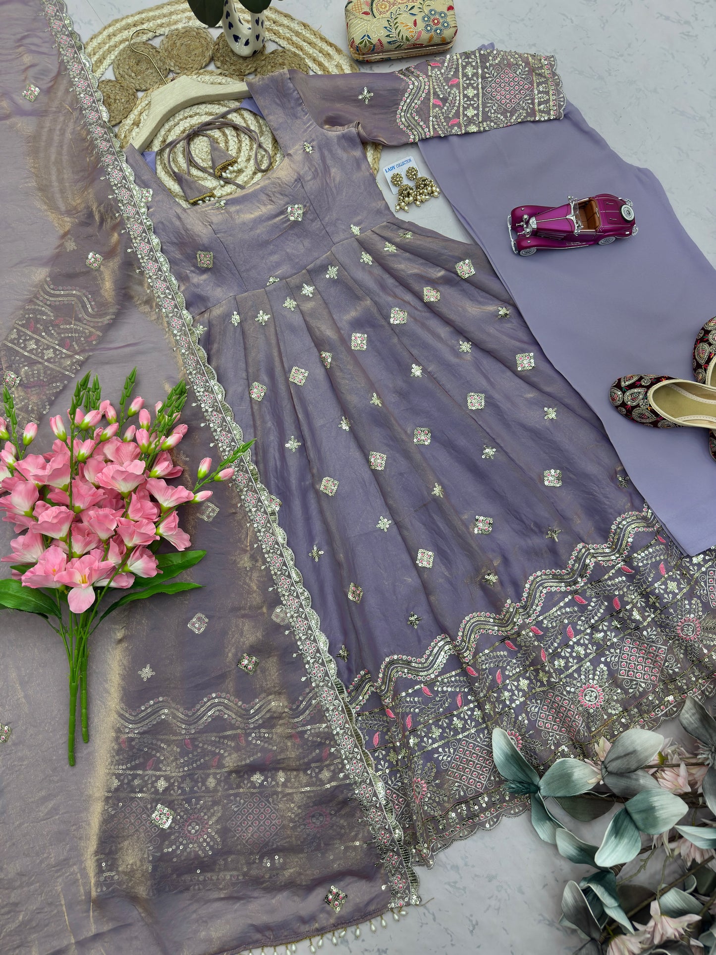 Lavender color Fandy Silk Embroidery Sequins Work Designer Anarkali Gown Pant with Dupatta