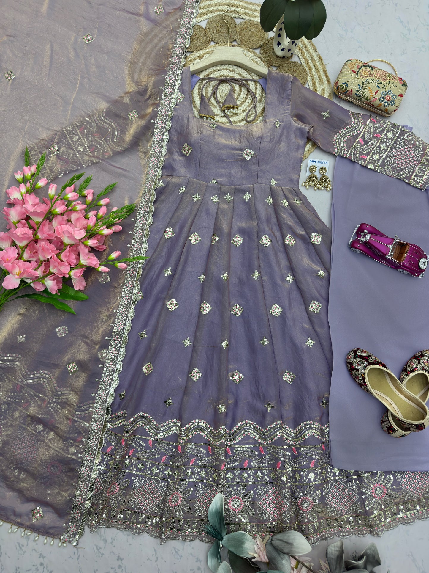 Lavender color Fandy Silk Embroidery Sequins Work Designer Anarkali Gown Pant with Dupatta