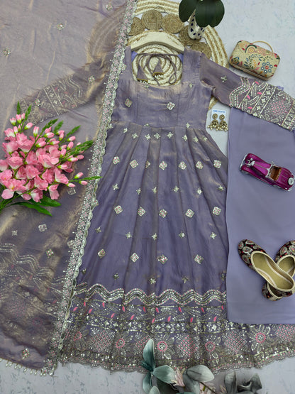 Lavender color Fandy Silk Embroidery Sequins Work Designer Anarkali Gown Pant with Dupatta