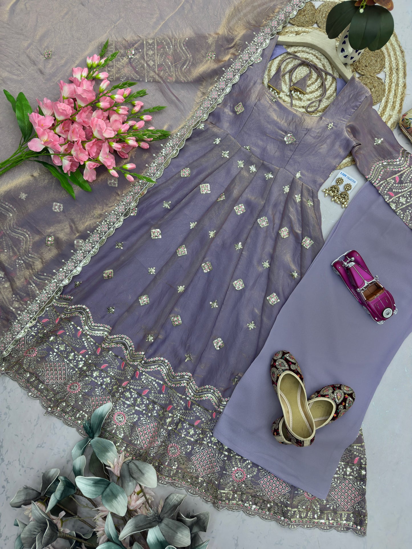 Lavender color Fandy Silk Embroidery Sequins Work Designer Anarkali Gown Pant with Dupatta