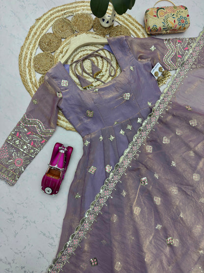 Lavender color Fandy Silk Embroidery Sequins Work Designer Anarkali Gown Pant with Dupatta