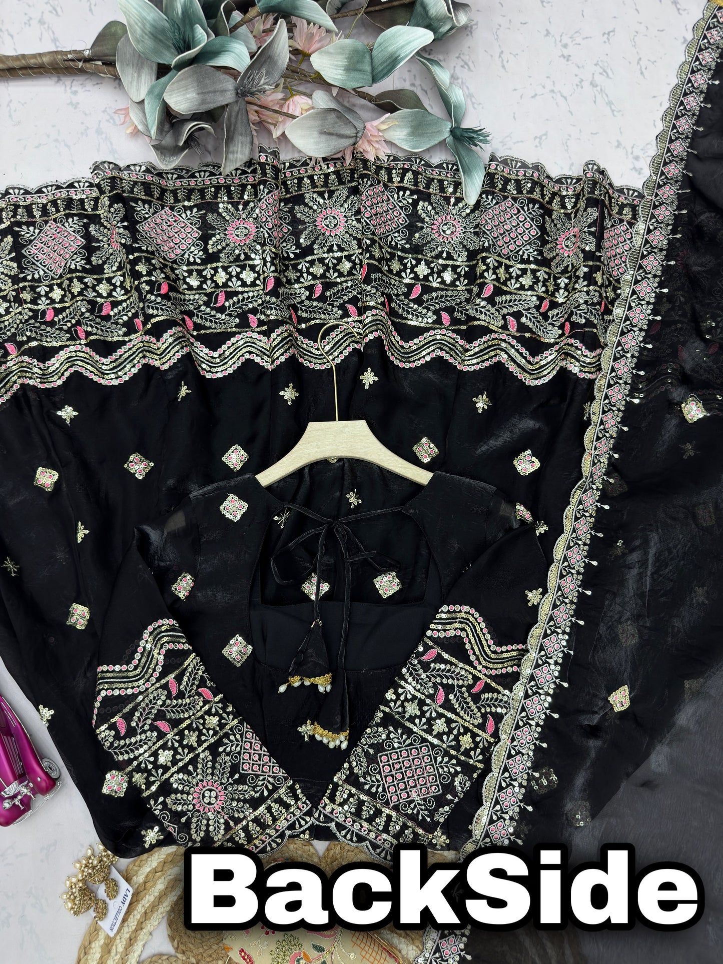 Black color Fandy Silk Embroidery Sequins Work Designer Anarkali Gown Pant with Dupatta