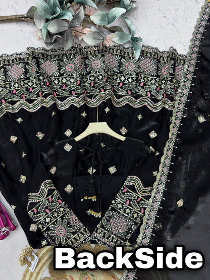 Black color Fandy Silk Embroidery Sequins Work Designer Anarkali Gown Pant with Dupatta