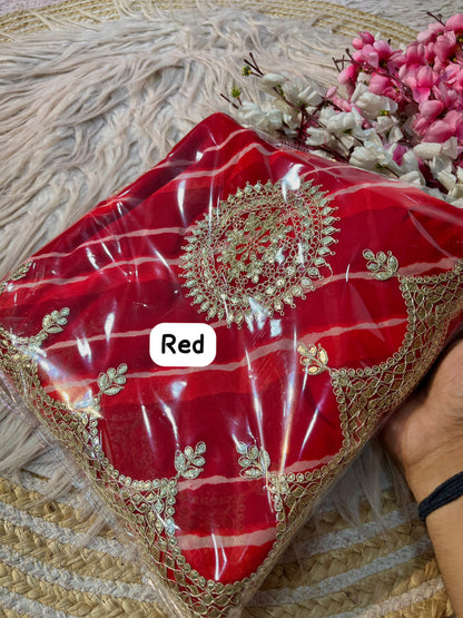 Red Color Lehriya Print Saree with Unstitched Blouse