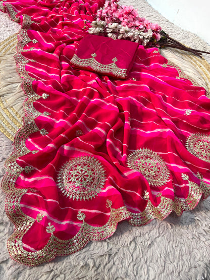 Rani Pink color Lehriya Print Saree with Unstitched Blouse