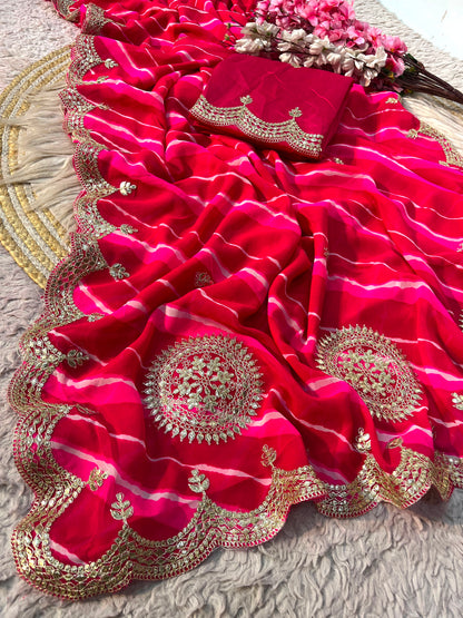 Rani Pink color Lehriya Print Saree with Unstitched Blouse