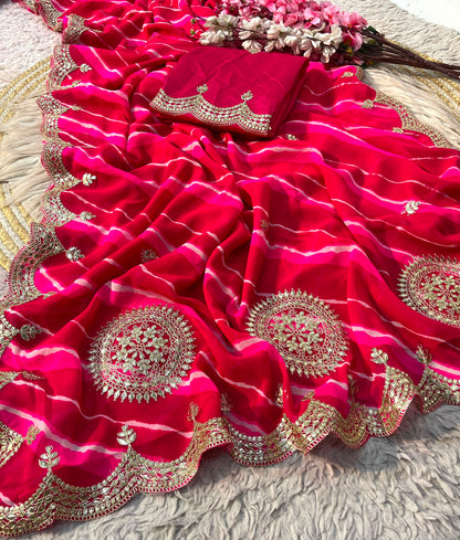Rani Pink color Lehriya Print Saree with Unstitched Blouse