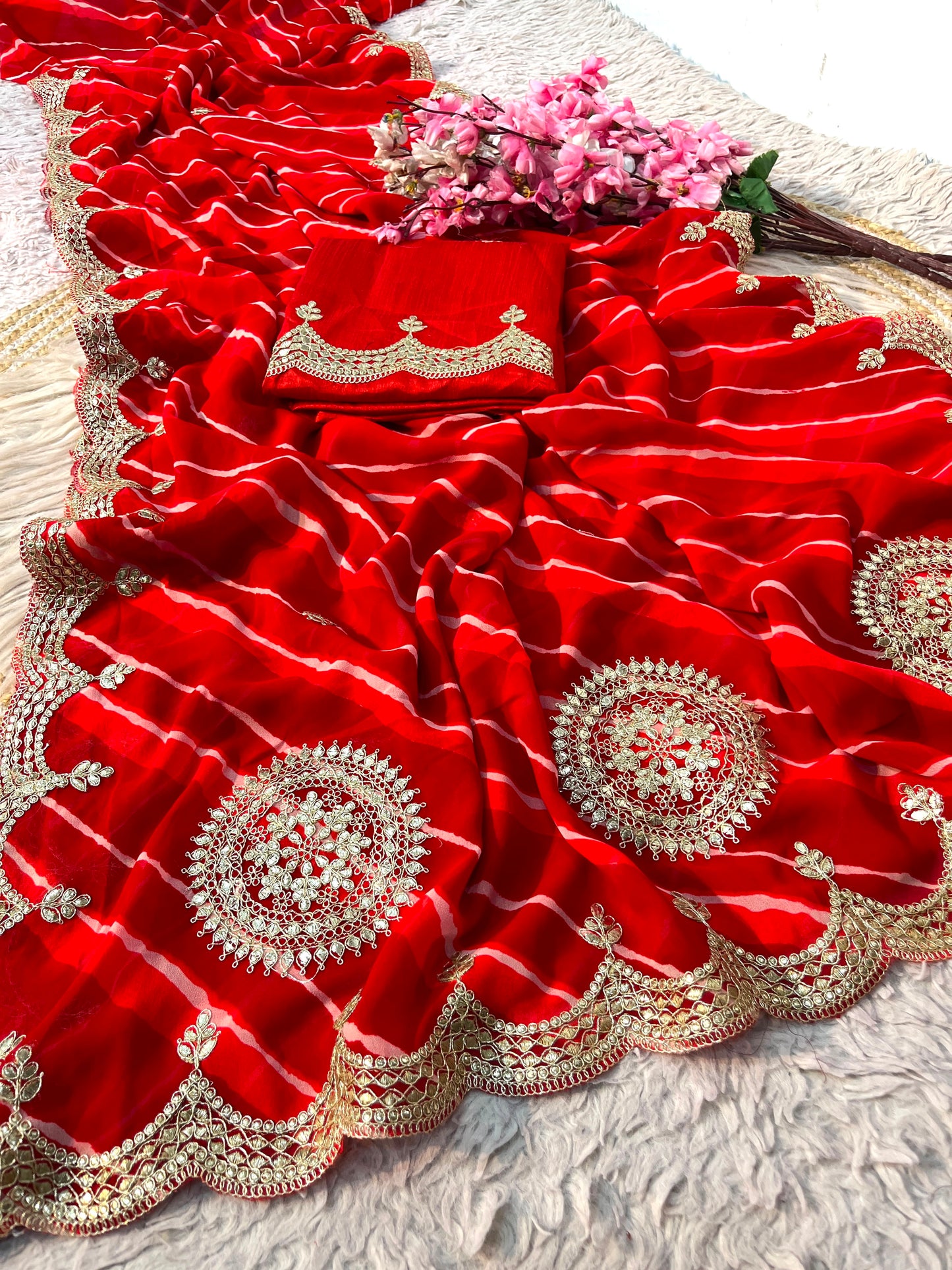Red Color Lehriya Print Saree with Unstitched Blouse