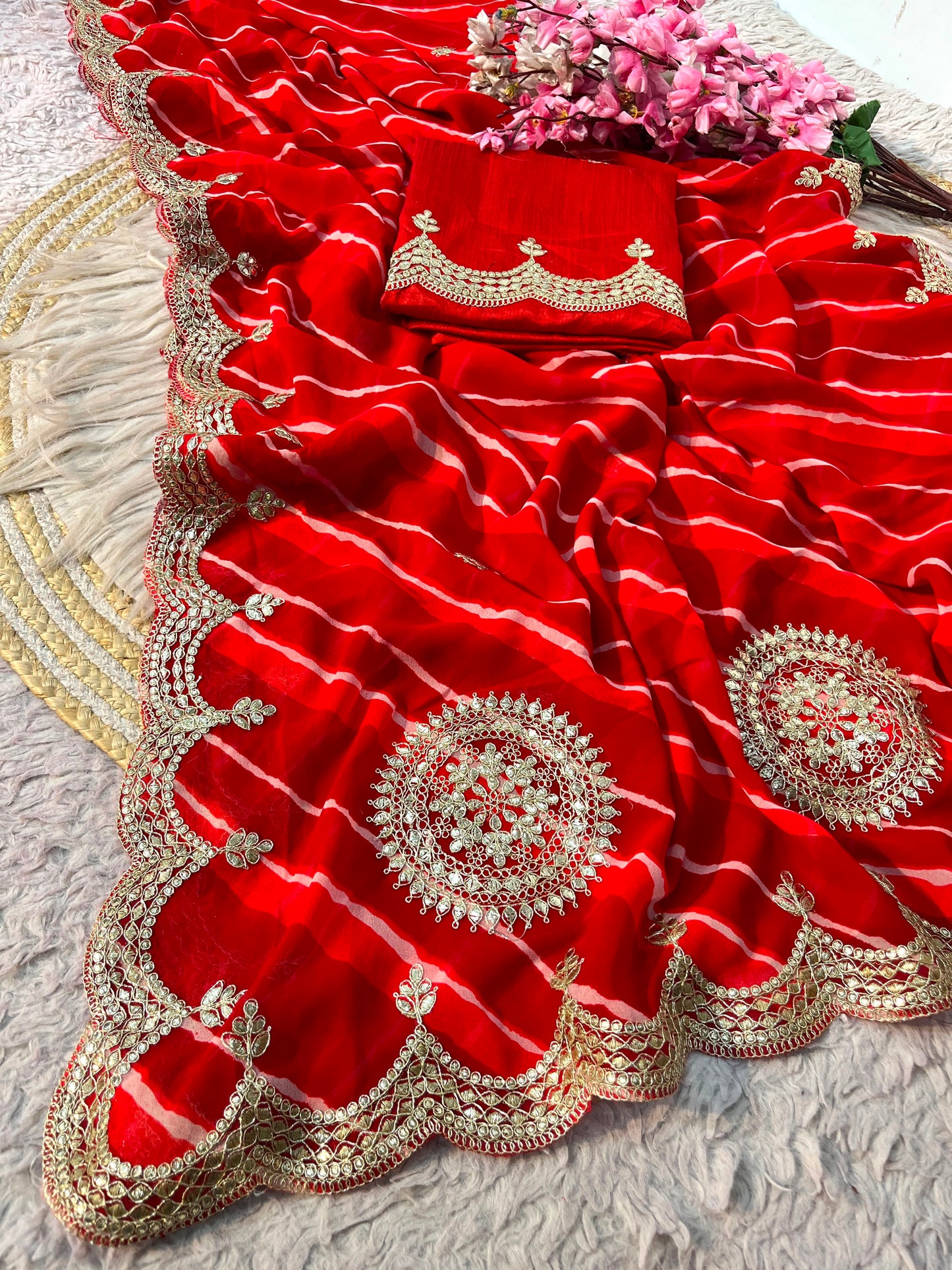 Red Color Lehriya Print Saree with Unstitched Blouse