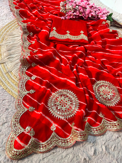 Red Color Lehriya Print Saree with Unstitched Blouse