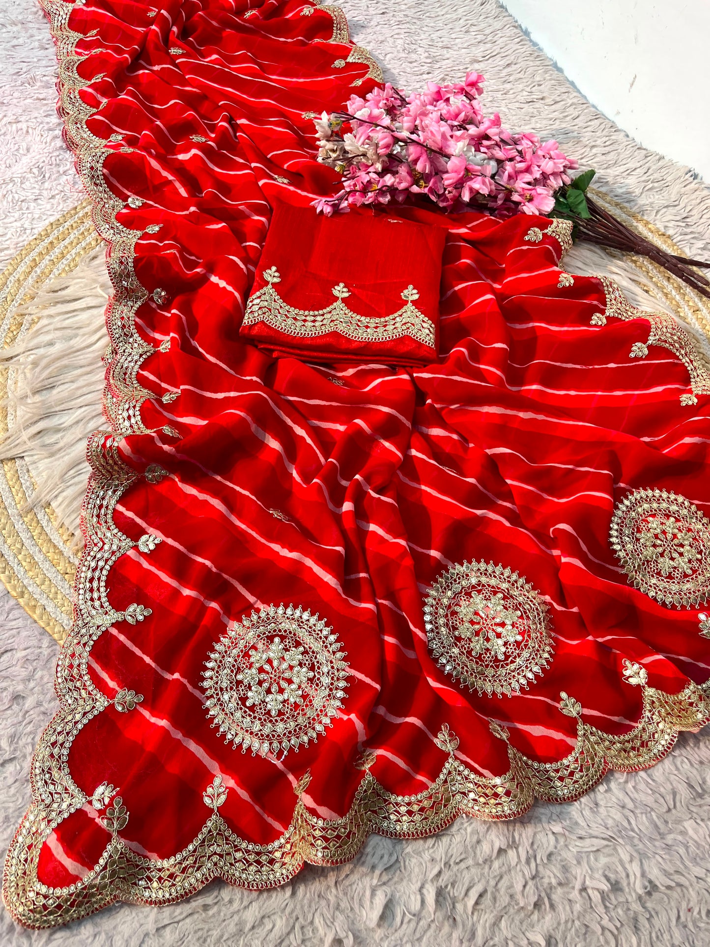 Red Color Lehriya Print Saree with Unstitched Blouse