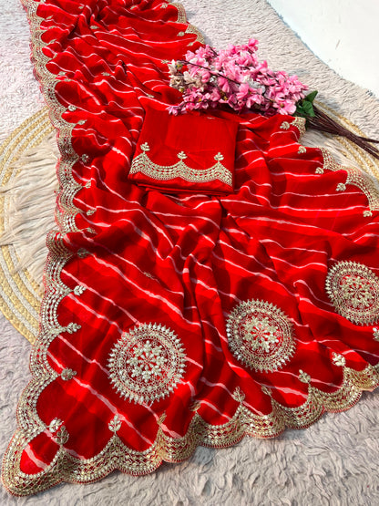 Red Color Lehriya Print Saree with Unstitched Blouse