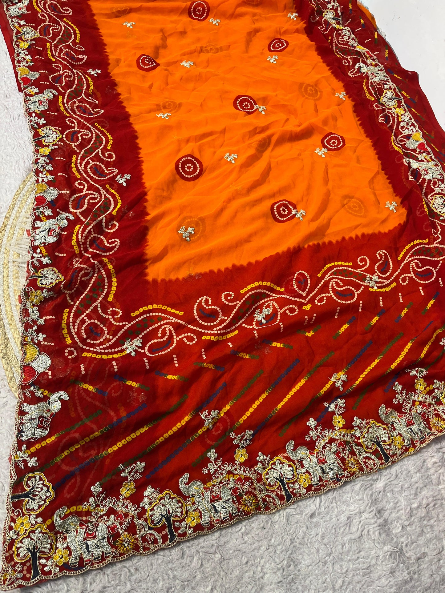 Red and orange Bandhani Print Saree with Unstitched Blouse