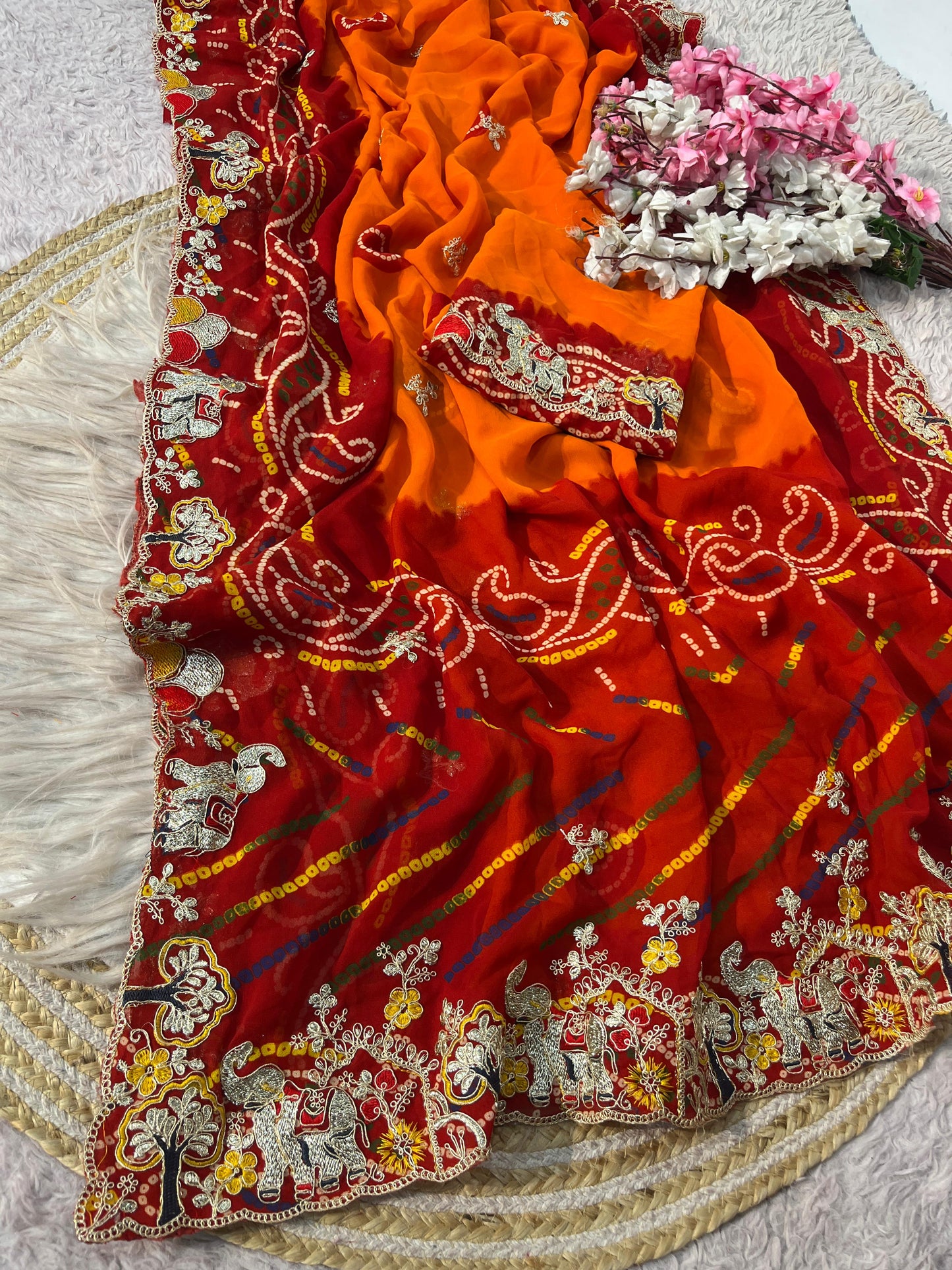 Red and orange Bandhani Print Saree with Unstitched Blouse