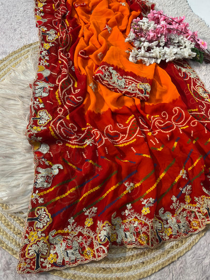 Red and orange Bandhani Print Saree with Unstitched Blouse