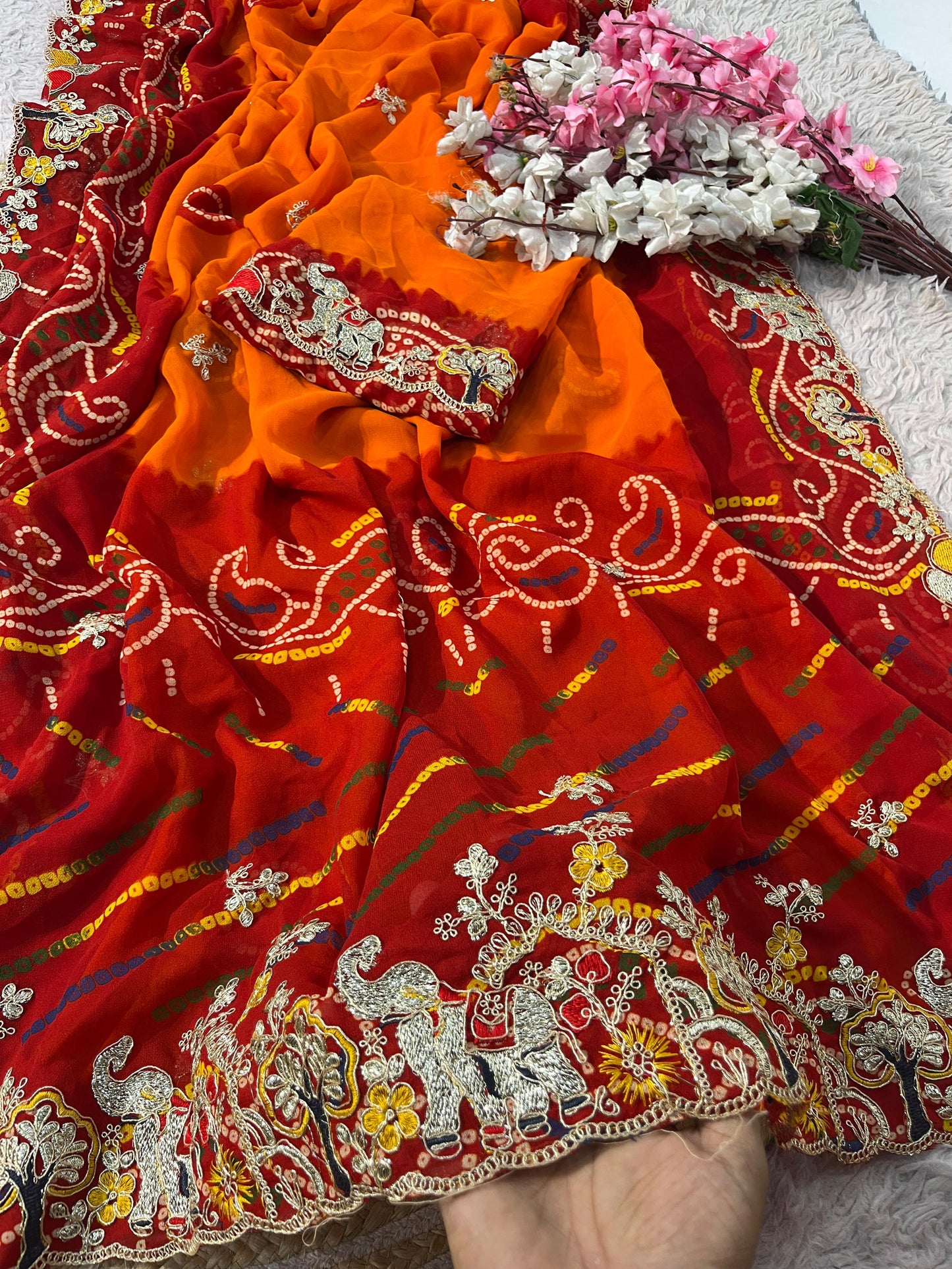 Red and orange Bandhani Print Saree with Unstitched Blouse
