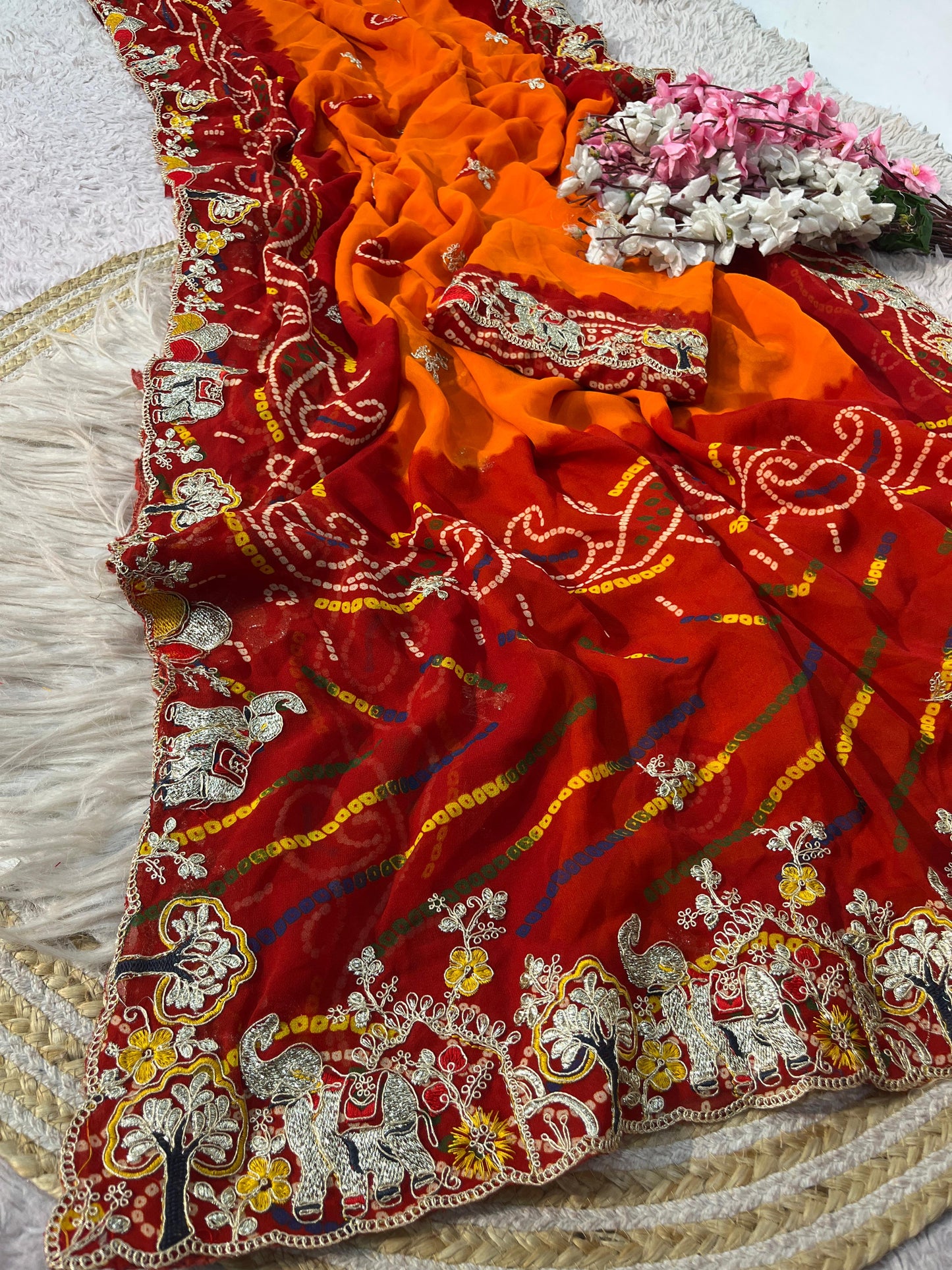 Red and orange Bandhani Print Saree with Unstitched Blouse