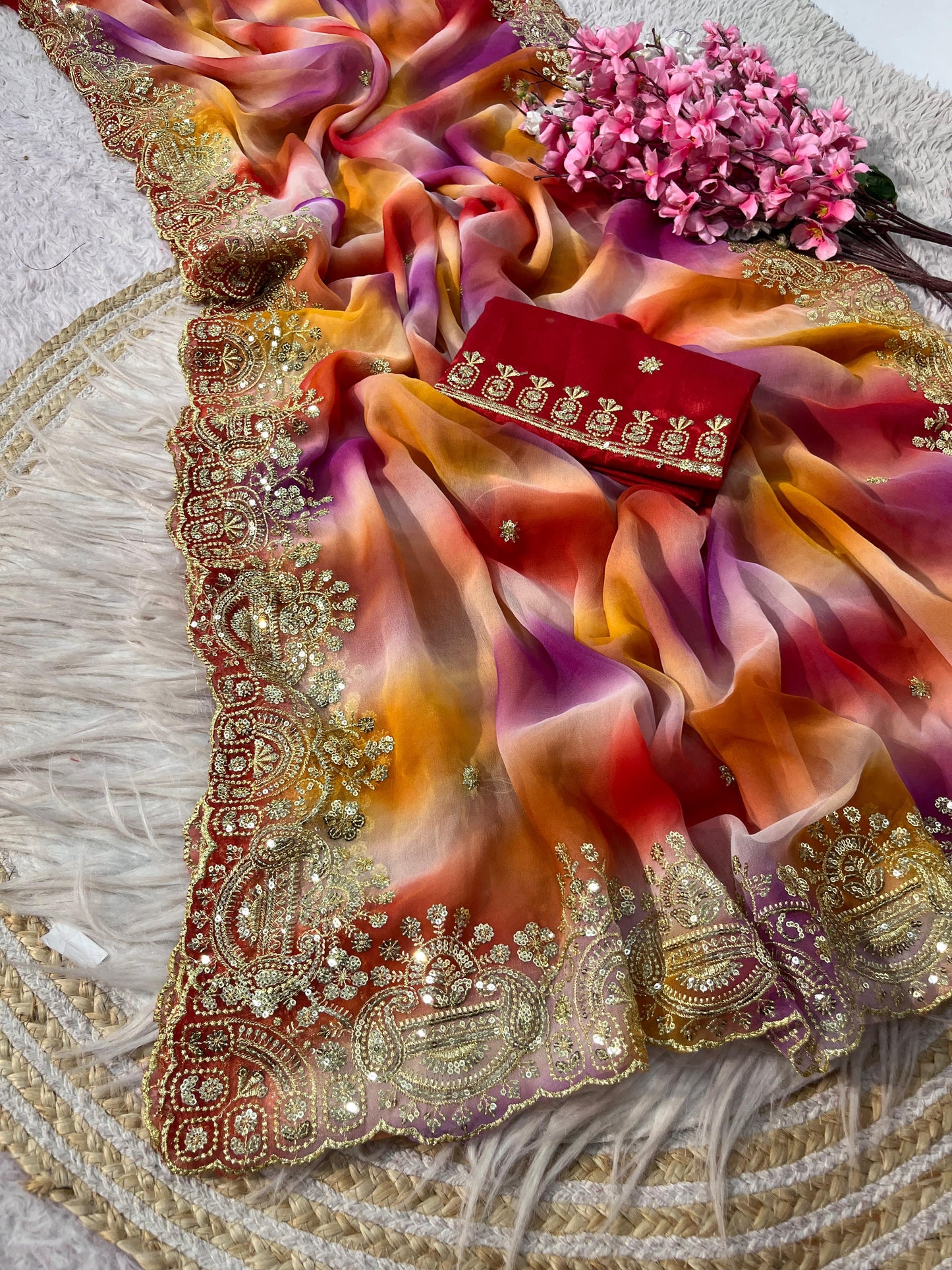 Georgette Sequence embroidery work Saree with Unstitched Blouse