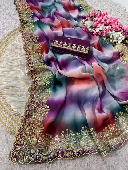 Georgette Sequence embroidery work Saree with Unstitched Blouse