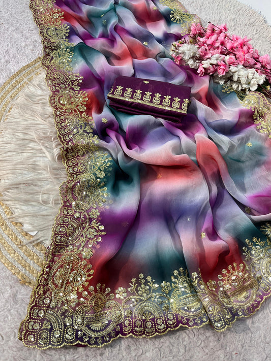 Georgette Sequence embroidery work Saree with Unstitched Blouse