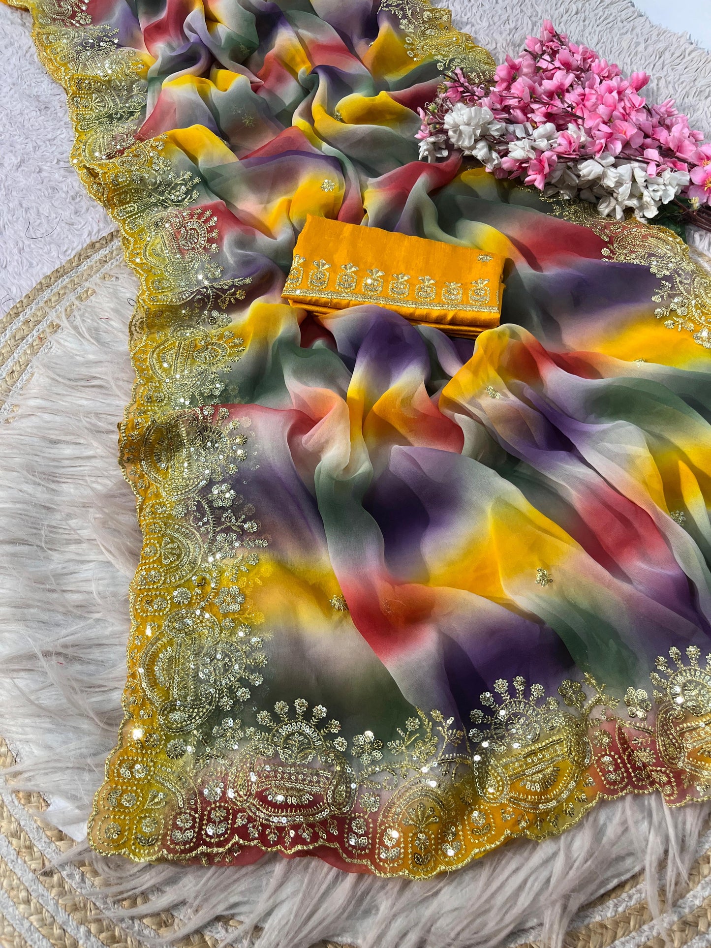 Georgette Sequence embroidery work Saree with Unstitched Blouse