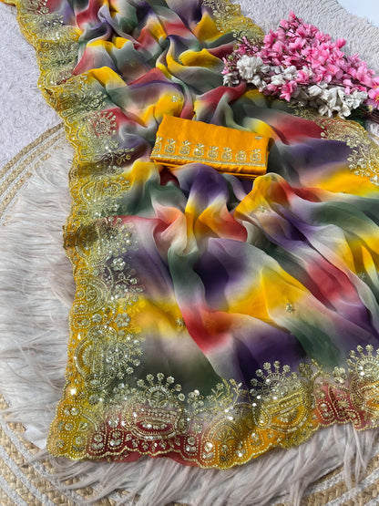 Georgette Sequence embroidery work Saree with Unstitched Blouse