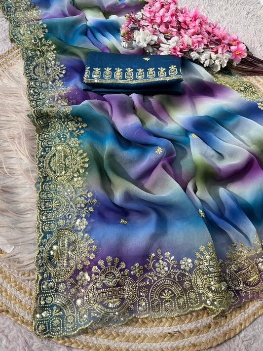 Georgette Sequence embroidery work Saree with Unstitched Blouse
