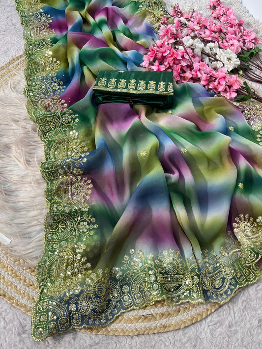 Georgette Sequence embroidery work Saree with Unstitched Blouse