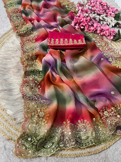 Georgette Sequence embroidery work Saree with Unstitched Blouse