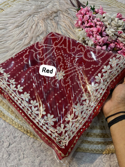 Red Color Georgette Bandej Print Saree with Unstitched Blouse