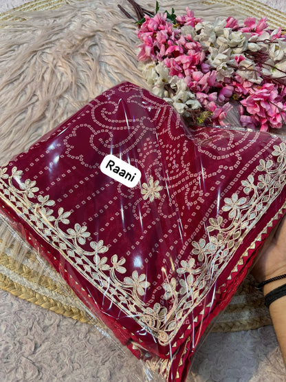 Rani Pink Color Georgette Bandej Print Saree with Unstitched Blouse
