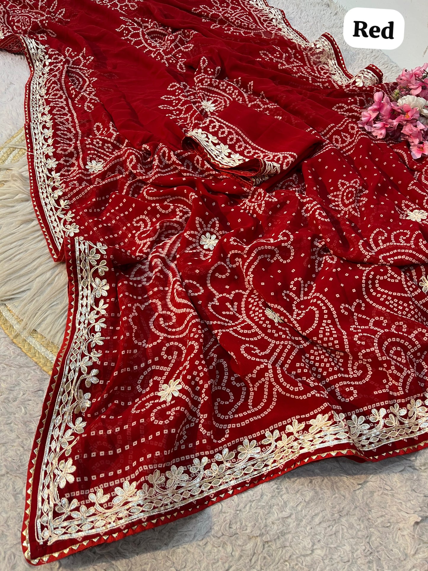 Red Color Georgette Bandej Print Saree with Unstitched Blouse