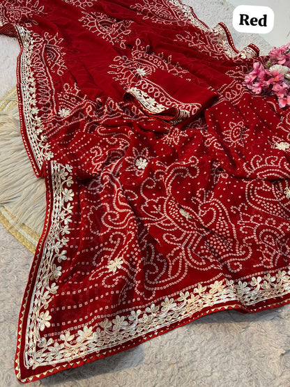 Red Color Georgette Bandej Print Saree with Unstitched Blouse